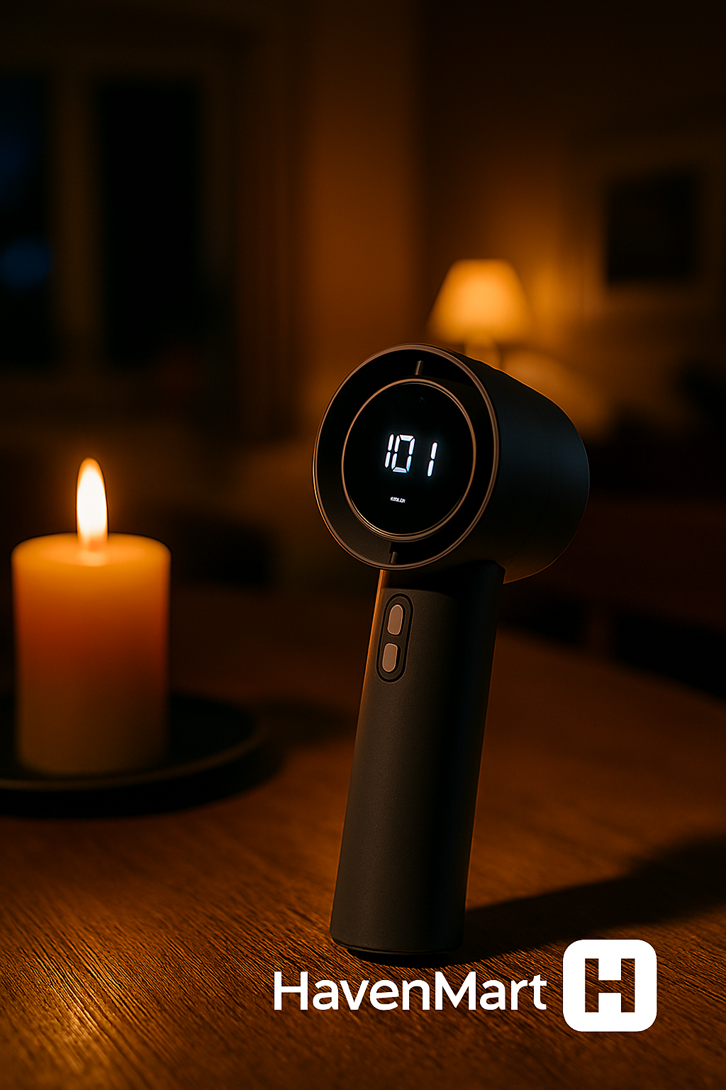 Havenmart Turbo Fan in black, standing on a wooden table, softly illuminated by a candle. The Havenmart logo is visible. This image suggests powerful, quiet cooling even in dim lighting conditions, ideal for comfort during South African power cuts or load shedding.