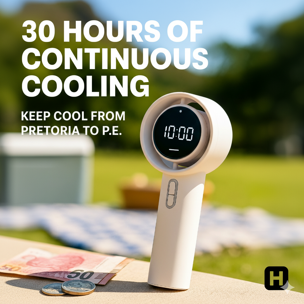 Havenmart Turbo Fan in white, showing its 10:00 display, placed on a picnic blanket with a South African R50 banknote and coins. Overlay text: "30 HOURS OF CONTINUOUS COOLING" and "KEEP COOL FROM PRETORIA TO P.E." Emphasizes long-lasting battery for SA outdoor activities.