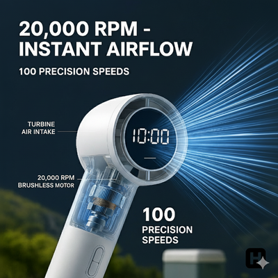 Havenmart Turbo Fan's internal 20,000 RPM brushless motor and turbine air intake, with text overlays "20,000 RPM - INSTANT AIRFLOW" and "100 PRECISION SPEEDS." Highlights powerful cooling technology for the South African summer heat.