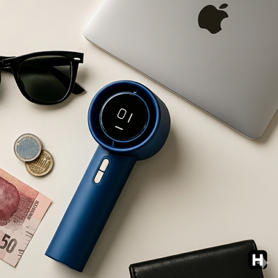 Havenmart Turbo Fan in blue, displayed next to a laptop, sunglasses, South African R50 banknote, and local coins, showcasing its premium and modern design for the SA market. Perfect for work or travel.